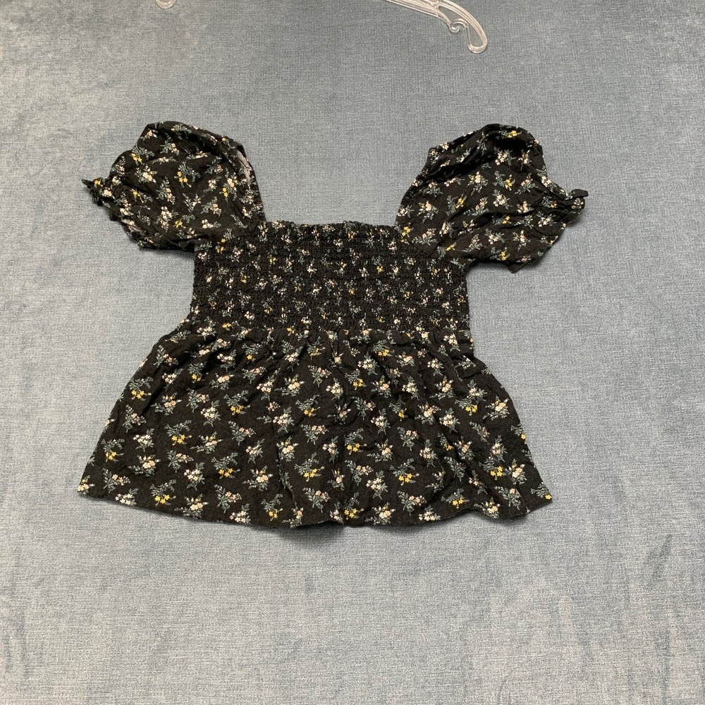 American Eagle Outfitters Mini Dress Womens 2XS Black Floral Puff Sleeve Smocked